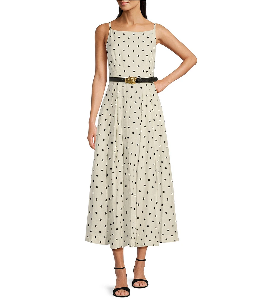 Donna Karan Linen Boat Neck Sleeveless Belted A Line Midi Dress