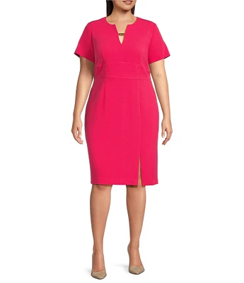 Donna Karan Plus Size Cady Crepe Split V Neck Short Sleeve Sheath Midi Dress