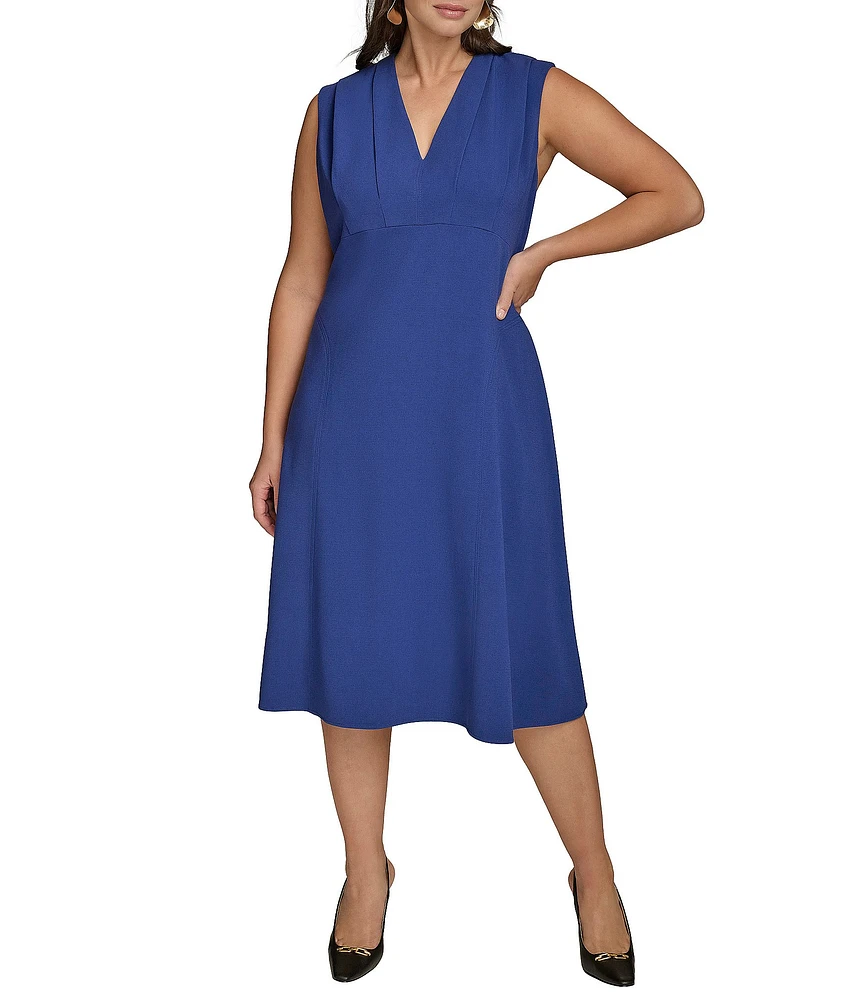 Donna Karan Plus Size V-Neck Cap Sleeve Cady Crepe A-Line Midi Dress
