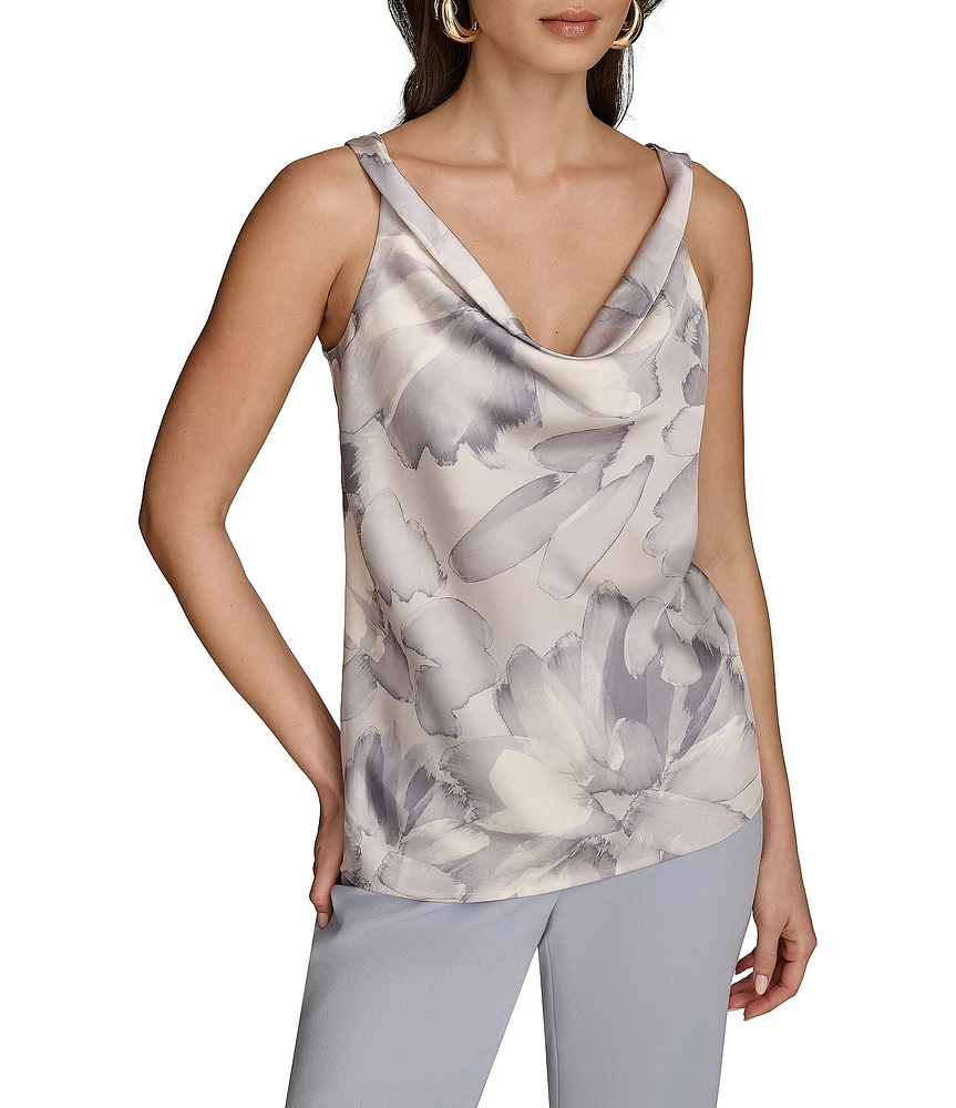 Donna Karan Printed Charmeuse Cowl Neck Twisted Strap Tank