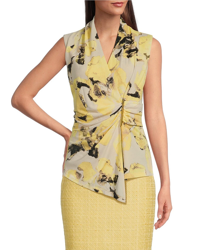 Donna Karan Printed Crepe Jersey Asymmetrical V-Neck Faux Wrap Top