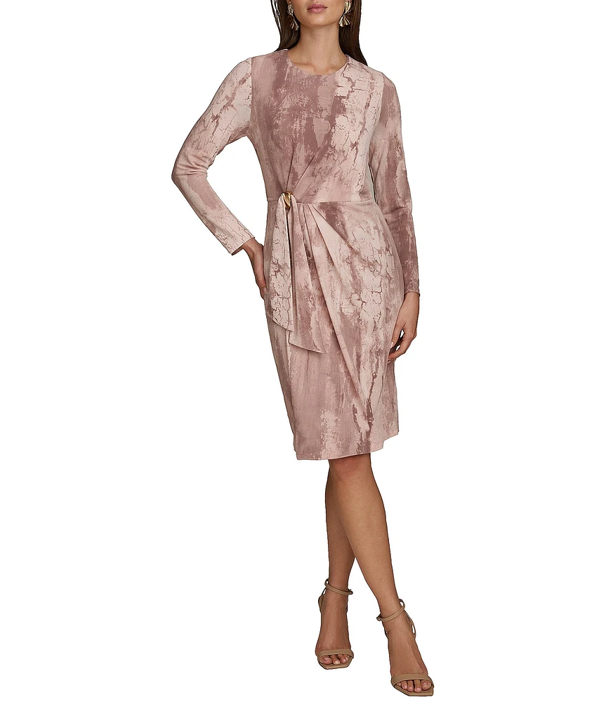 Donna Karan Printed Crepe Jersey Crew Neck Long Sleeve Gold Hardware Gathered Waist Dress