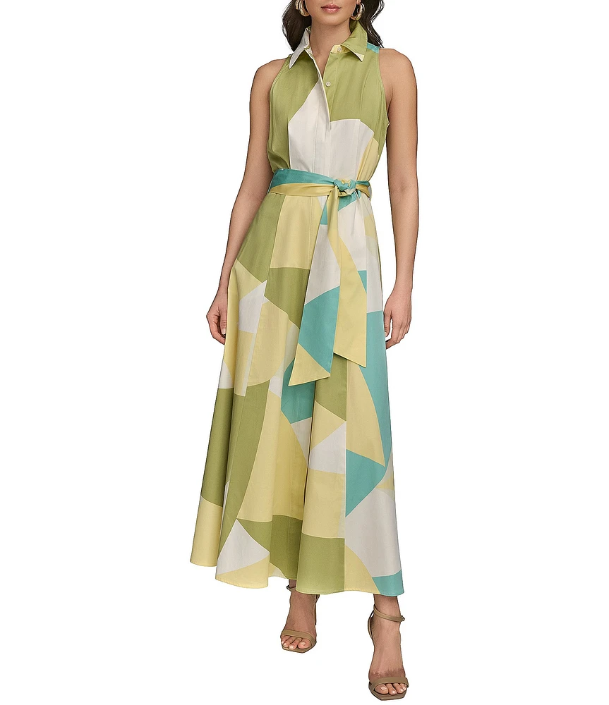 Donna Karan Sateen Button Front Collar Sleeveless Geometric Print Maxi Dress