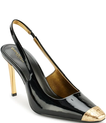 Donna Karan Savita Patent Leather Croco Embossed Cap Toe Slingback Pumps