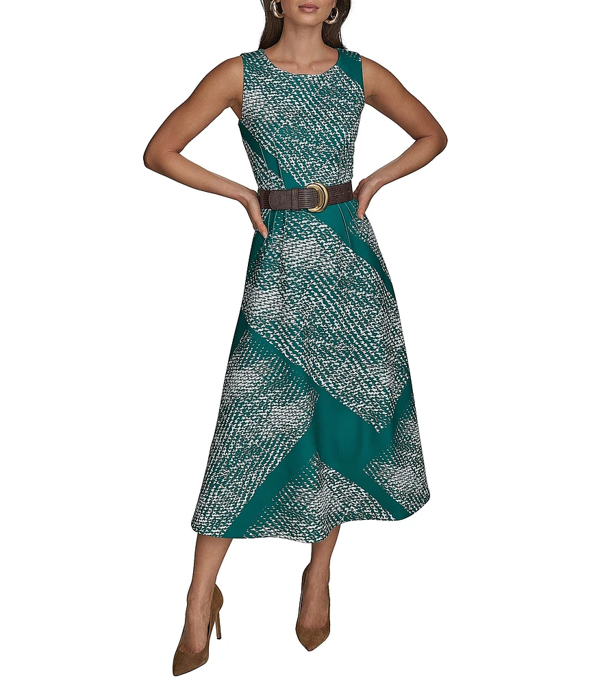 Donna Karan Scuba Boat Neck Sleeveless Belted Midi A-Line Dress