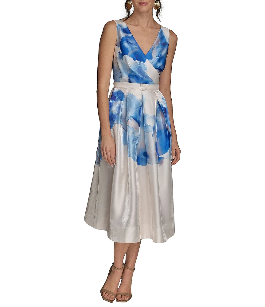 Donna Karan Shimmer Mikado V Neck Sleeveless Belted A Line Midi Dress