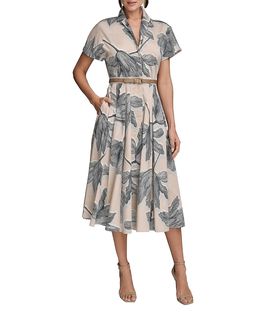 Donna Karan Short Sleeve Belted Button Front Midi Shirt Dress