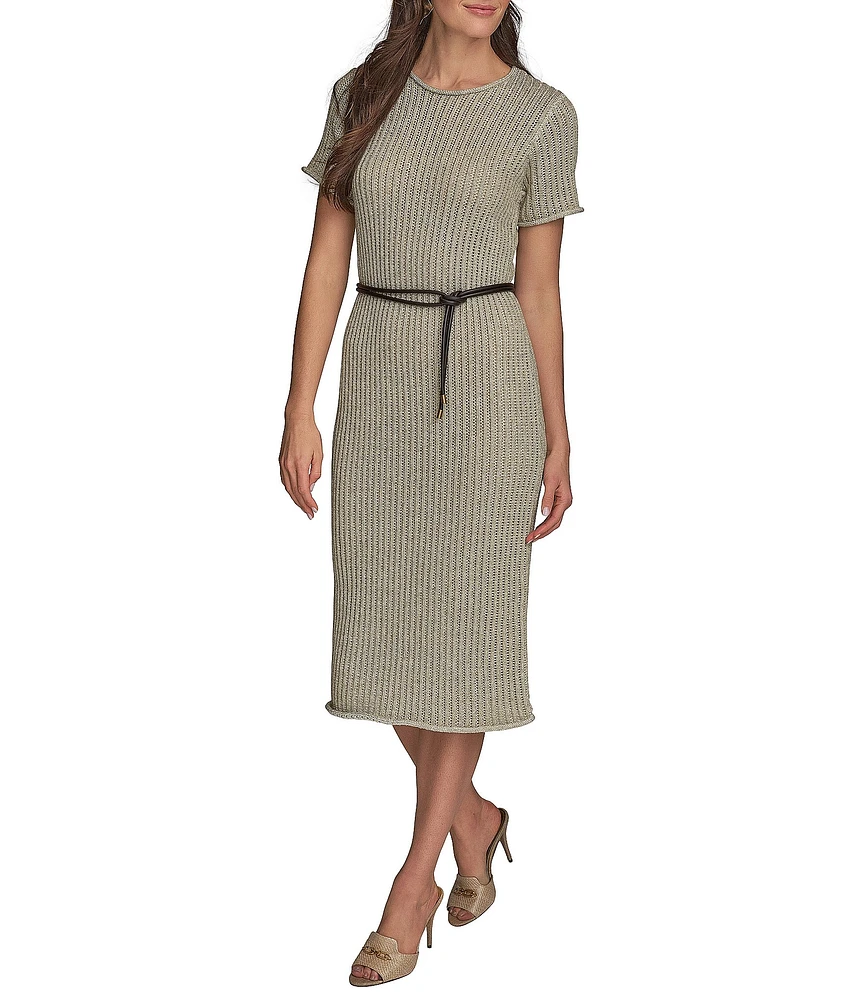 Donna Karan Short Sleeve Boat Neck Knit Sheath Midi Dress