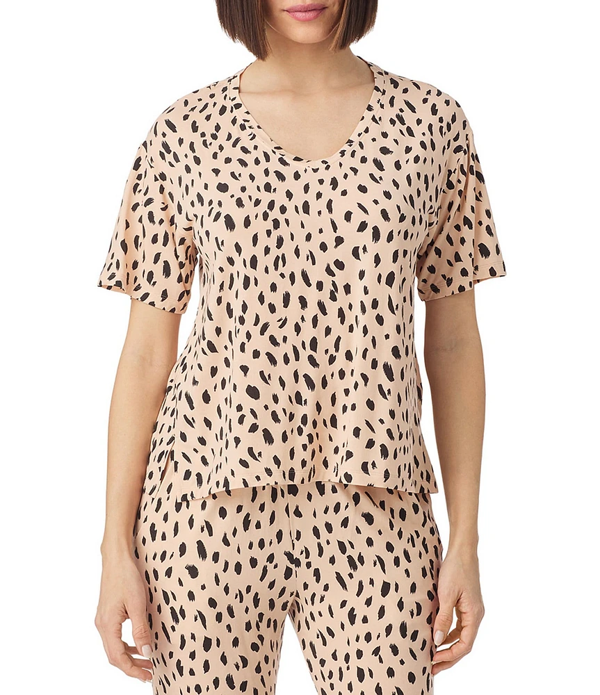 Donna Karan Short Sleeve V-Neck Soft Knit Animal Print Coordinating Lounge Top