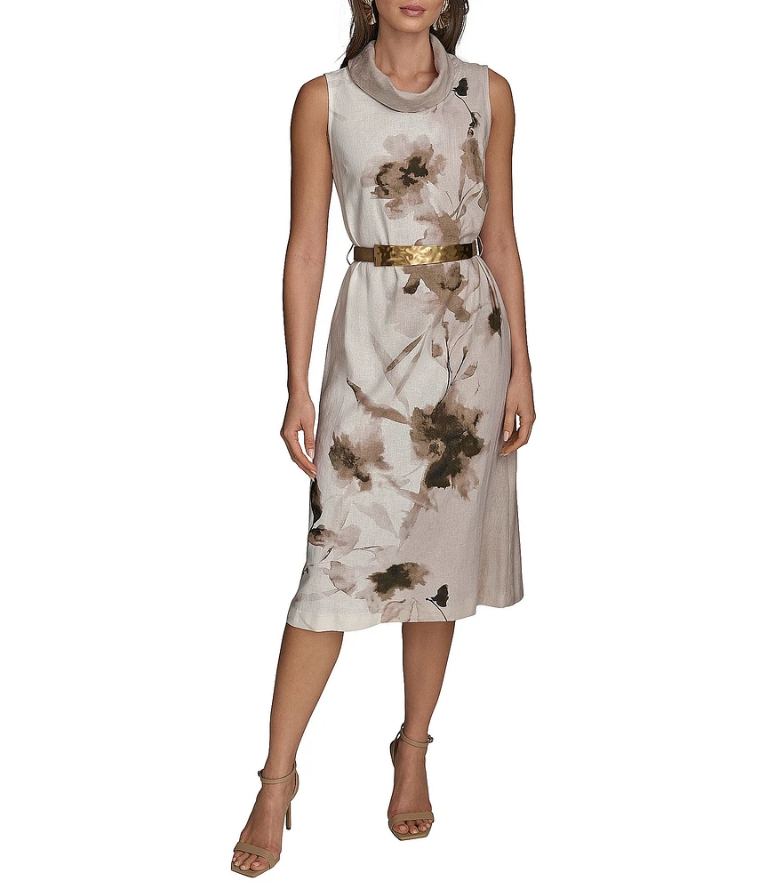 Donna Karan Sleeveless Cowl Neck Floral Print Belted Midi Dress
