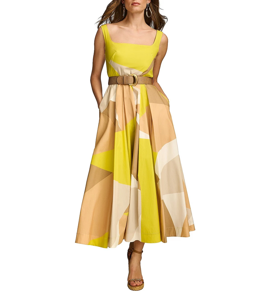 Donna Karan Sleeveless Square Neck A-Line Belted Geometric Print Midi Dress