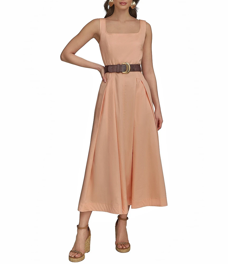 Donna Karan Square Neck Belted A-Line Midi Dress