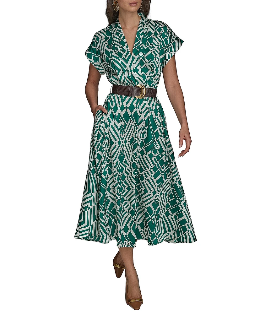 Donna Karan Twill Collared V-Neck Short Sleeve Belted A-Line Midi Dress