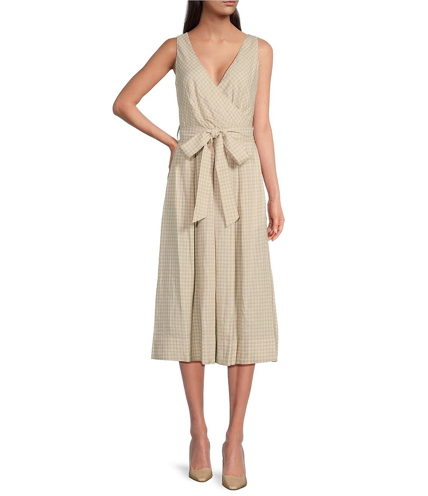 Donna Karan V-Neck Belted Gingham A-Line Midi Dress