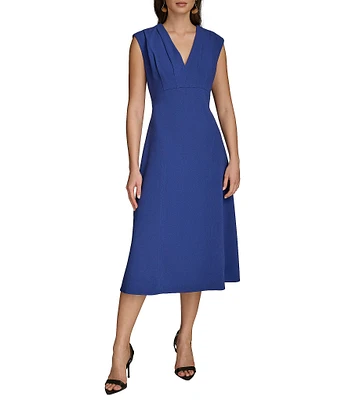 Donna Karan V-Neck Cap Sleeve Cady Crepe A-Line Midi Dress