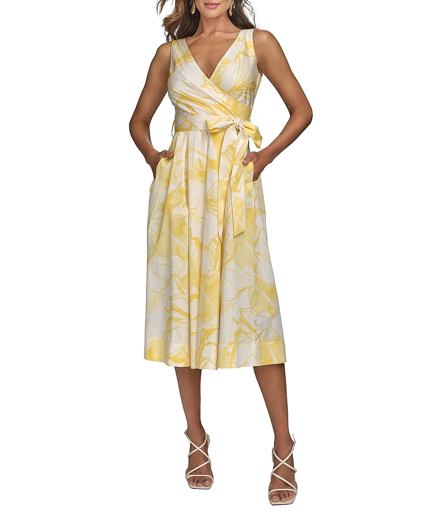 Donna Karan V-Neck Floral Print Cotton Sateen A-Line Midi Dress