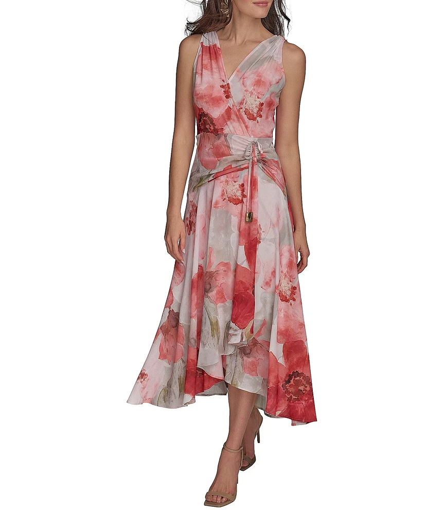Donna Karan V-Neck Floral Print Sleeveless Chiffon Wrap Midi Dress