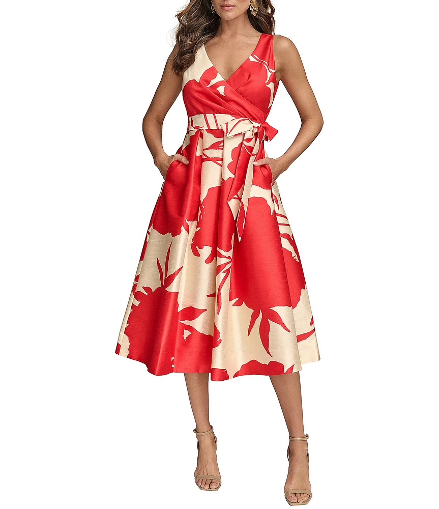 Donna Karan V-Neck Sleeveless Abstract Floral Print Midi Dress