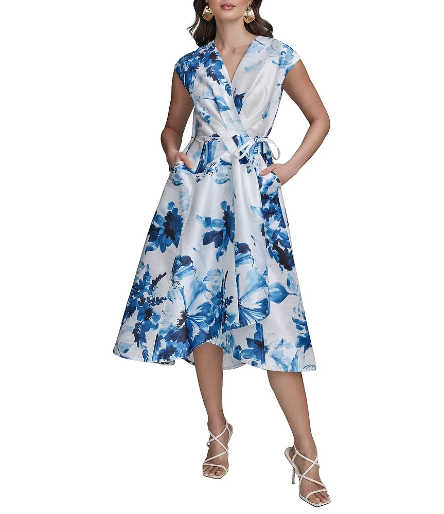 Donna Karan Wrap Front V-Neck A-Line Midi Dress