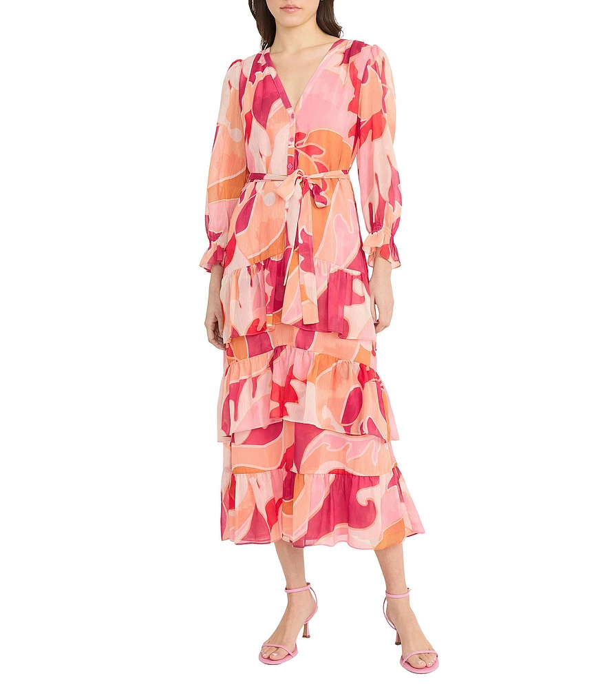 Donna Morgan Abstract Print V Neck Long Sleeve Button Front Waist Tie Button Front Shirt Midi Dress