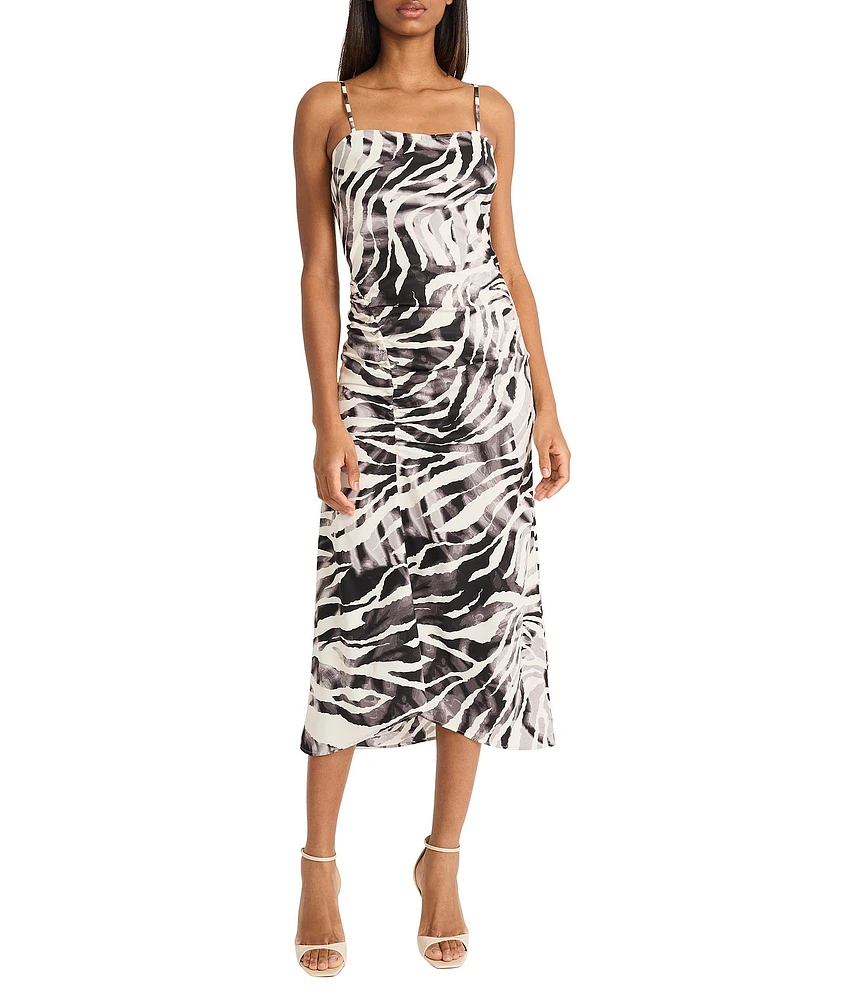 Donna Morgan Square Neck Sleeveless Ruched Animal Print Twill Tank Midi Dress