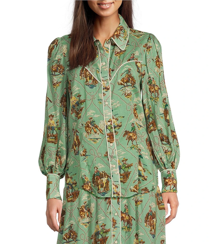 Double D Ranch Michel's Coordinating Western Cowboy Print Point Collar Woven Long Sleeve Shirt
