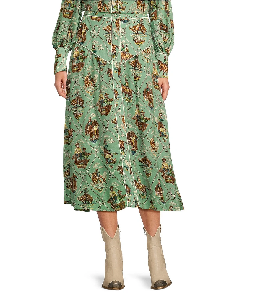Double D Ranch Romance & Rustlers Western Printed Beaded Coordinating Midi A-Line Skirt