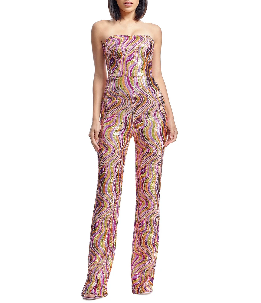 Dress the Population Andy Sequin Swirl Print Strapless Neck Sleeveless Straight Leg Jumpsuit