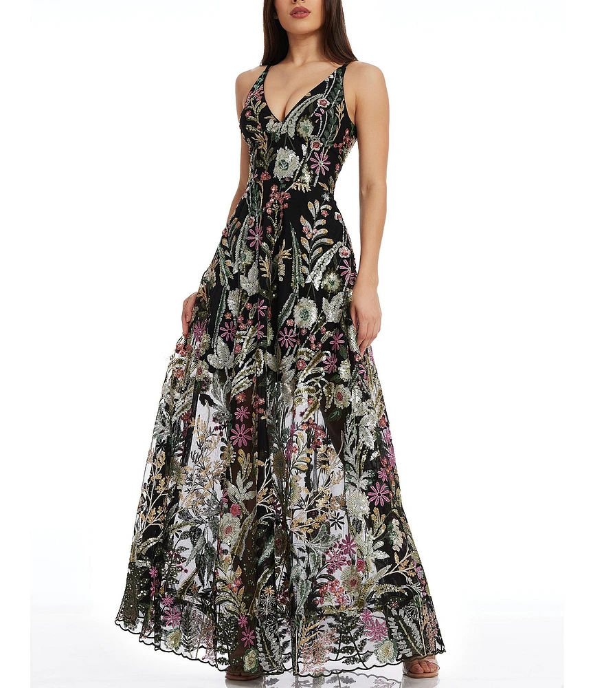 Dress the Population Ariyah Floral Sequin Mesh V-Neck Sleeveless Gown