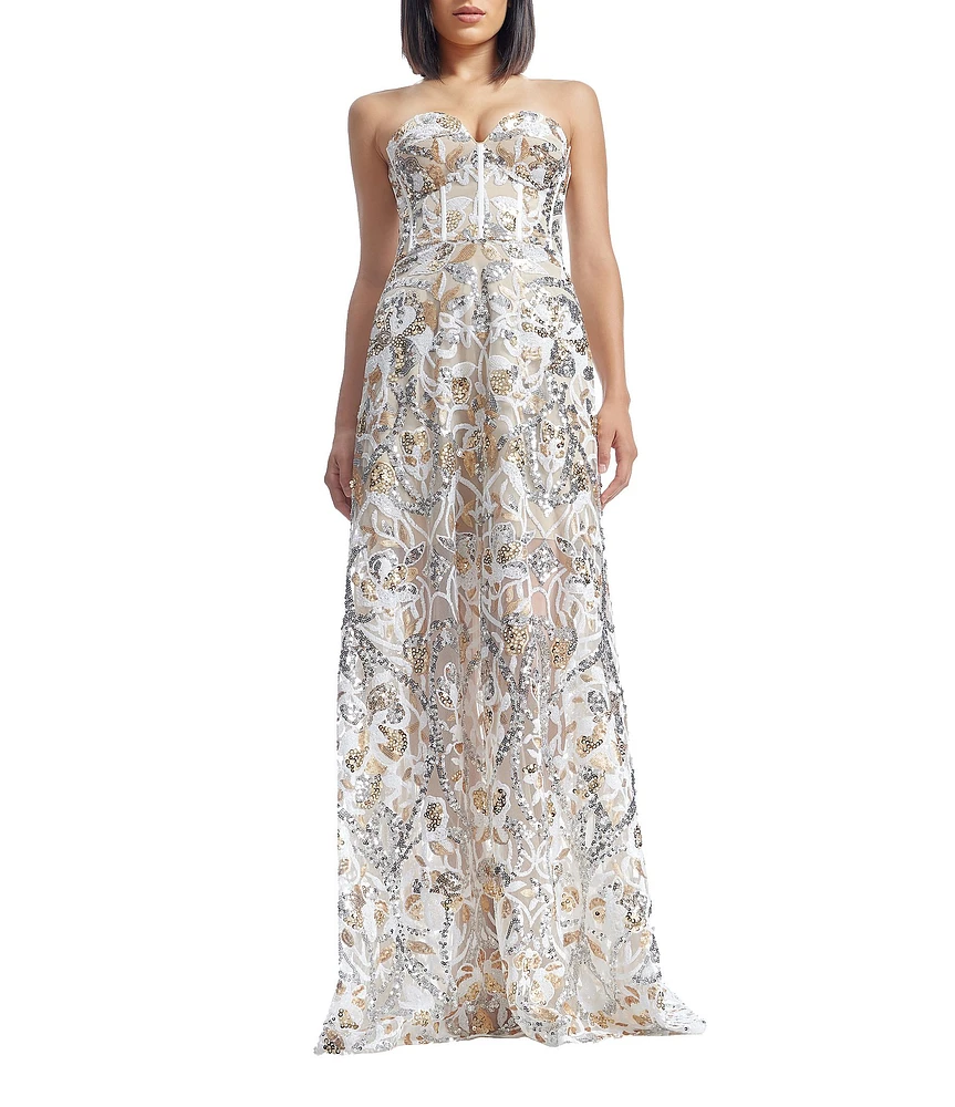 Dress the Population Daven Sweetheart Strapless Embroidered Mesh Corset A-Line Gown