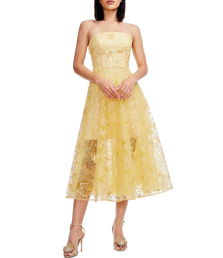 Dress the Population Kailyn 3D Floral Strapless Bustier A-Line Midi Dress