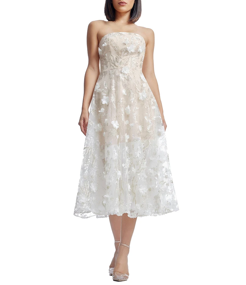 Dress the Population Kailyn Strapless 3D Mesh Fit & Flare Midi Dress