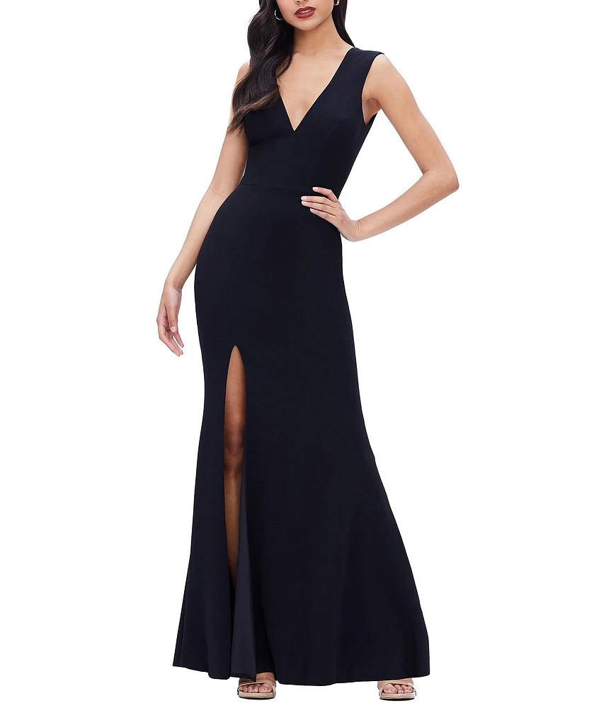 Dress the Population Sandra Crepe Plunge V-Neck Sleeveless Side Slit Gown