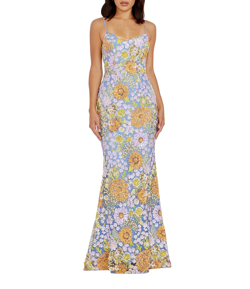 Dress the Population Sequin Floral V Neckline Sleeveless Mermaid Gown