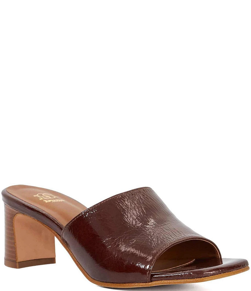 Dune London Jule Patent Leather Stacked Heel Banded Slide Sandals