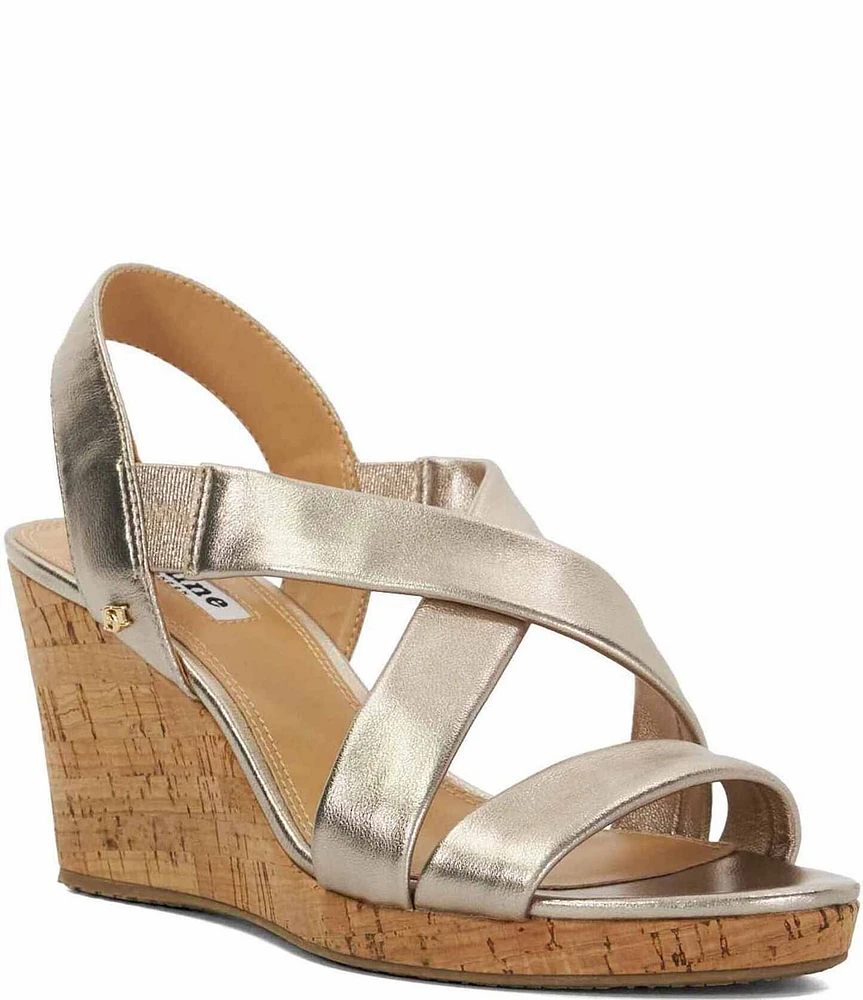 Dune London Kamies Metallic Leather Cork Wedge Sandals