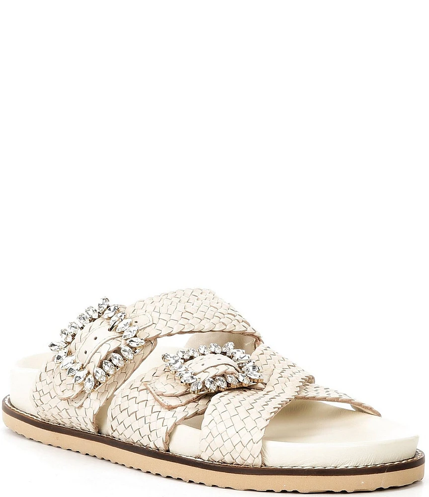 Dune London Lulos Woven Leather Jewel Embellished Buckle Slide Sandals