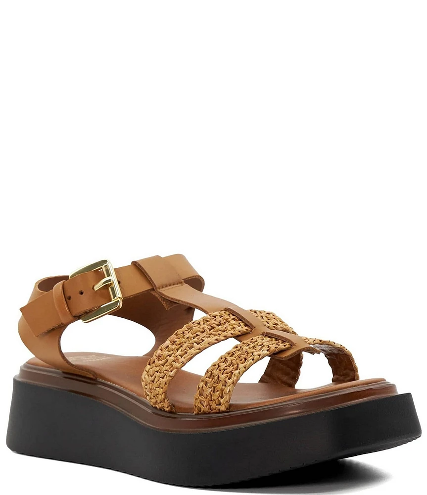 Dune London Lyons Leather and Woven Raffia Platform Wedge Sandals