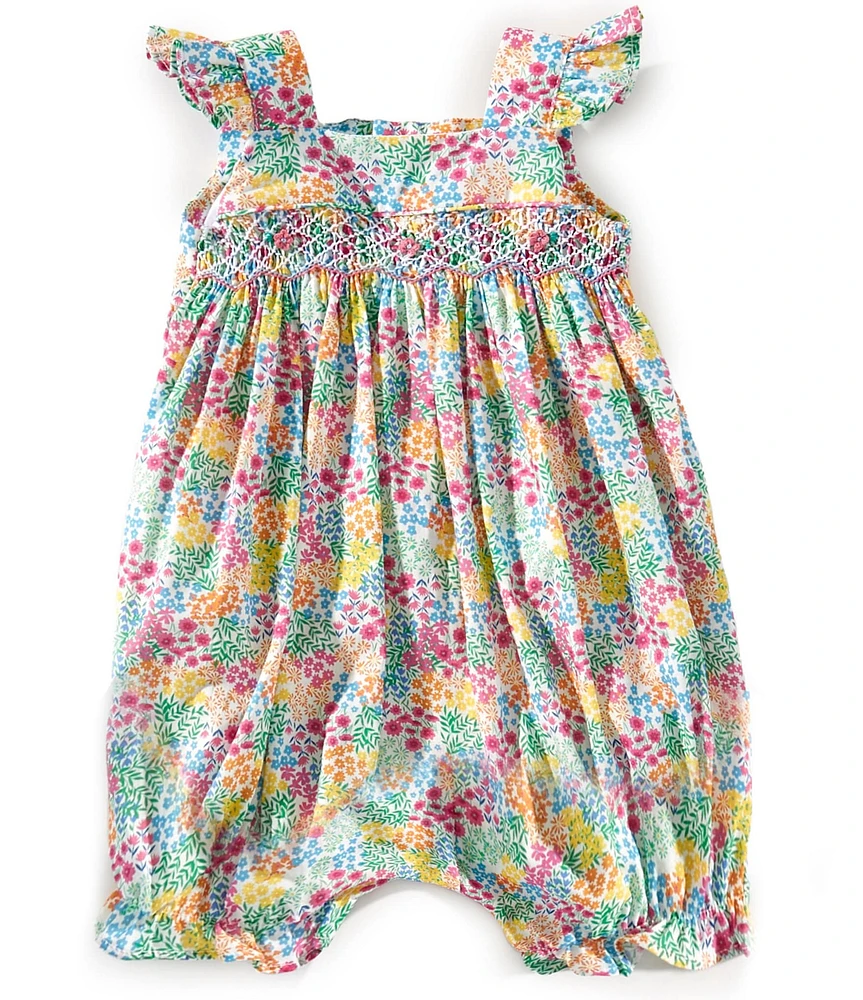 Edgehill Collection Baby Girls Floral Print Sleeveless Smocked Ruffle Romper