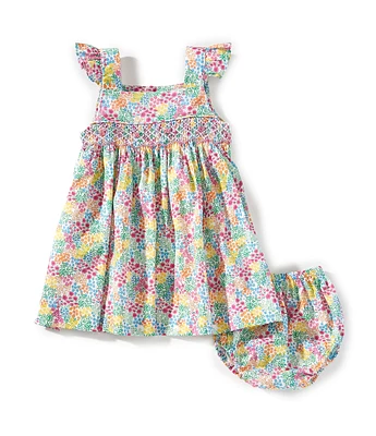 Edgehill Collection Baby Girls Smocked Floral Print Sleeveless Ruffle Dress