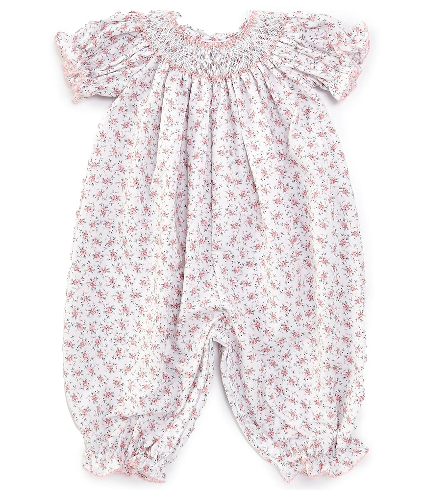 Edgehill Collection Baby Girls Smocked Neckline Floral Print Short Sleeve Romper