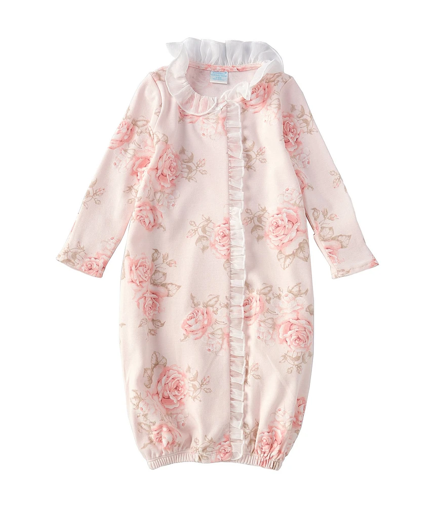 Edgehill Collection Baby Girls Rose Floral Printed Chiffon Ruffle Interlock Gown