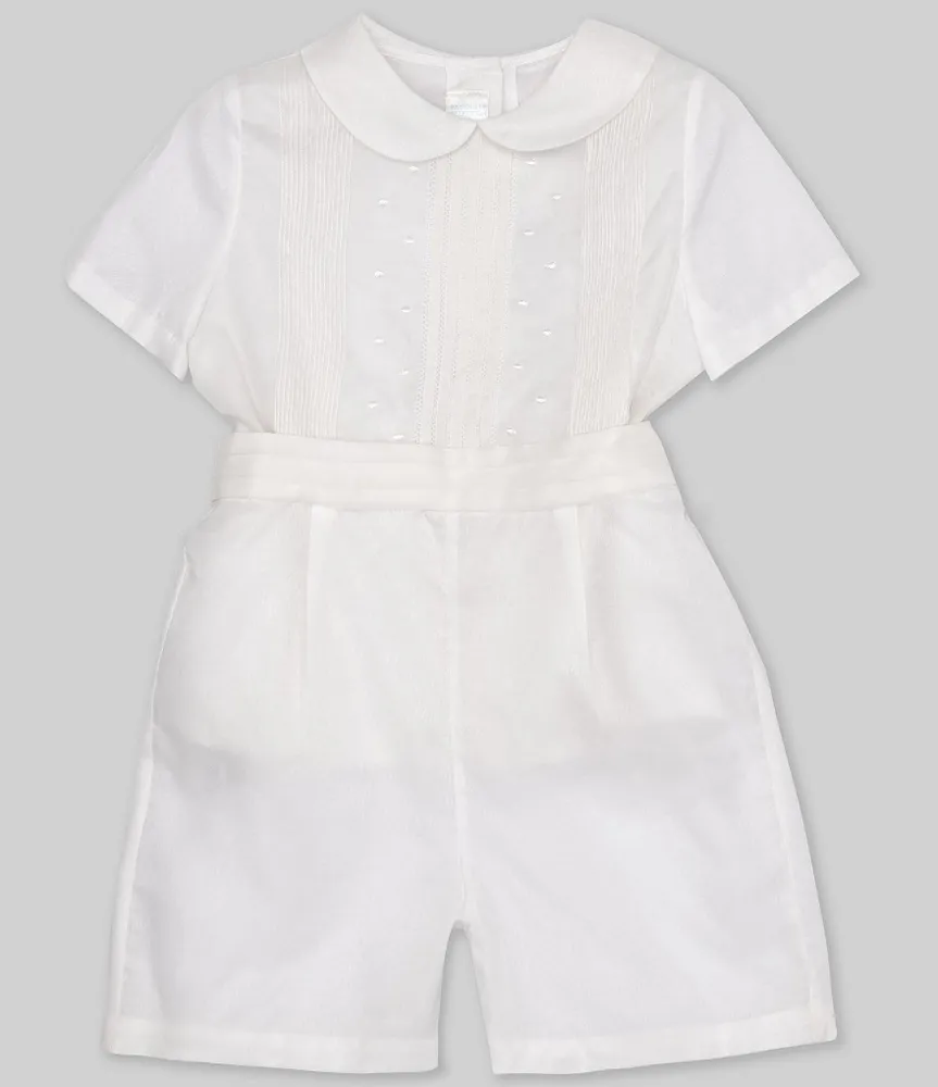 Edgehill Collection Little Boys Peter Pan Collar Short Sleeve Heirloom Christening Top & Shorts Set