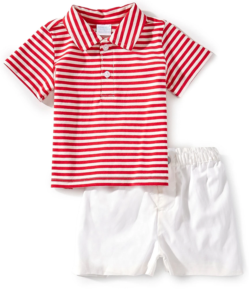 Edgehill Collection Little Boys Knit Stripe Short Sleeve Polo Shirt & Solid Shorts Set