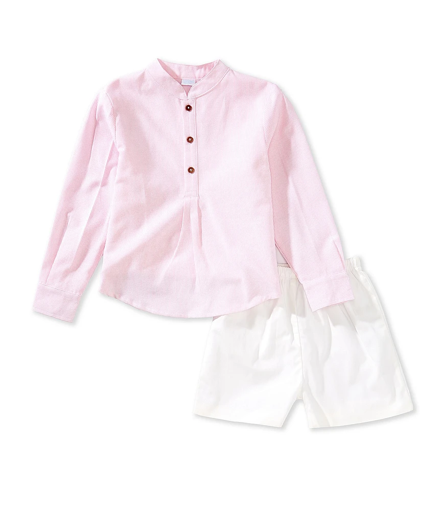 Edgehill Collection Little Boys Long Sleeve Knit Stripe Shirt & Solid Shorts Set