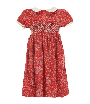 Edgehill Collection Little Girls Smocked Bandana Print Peter Pan Cap Sleeve Dress