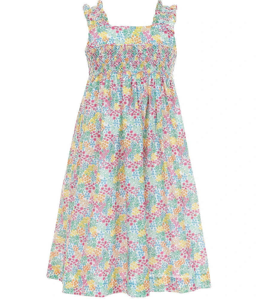 Edgehill Collection Little Girls Smocked Floral Print Sleeveless Ruffle Dress