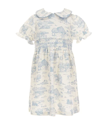 Edgehill Collection Little Girls Smocked Toile Peter Pan Collar Cap Sleeve Dress