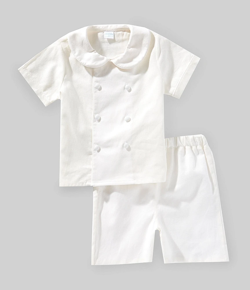 Edgehill Collection x Kristin Ellen Hockman Little Boys Sven Woven Peter Pan Collar Short Sleeve Top & Linen Shorts Set