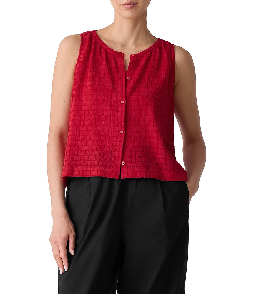 Eileen Fisher Airy Textured Organic Cotton Blend Round Neck Sleeveless Button Front Top